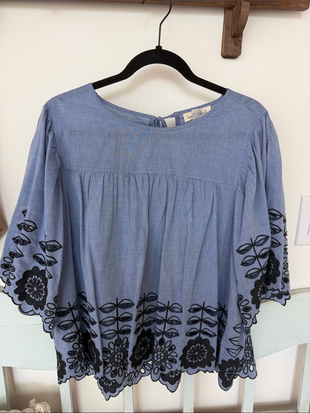 Light Blue Embroidered Bell-Sleeve Tunic
